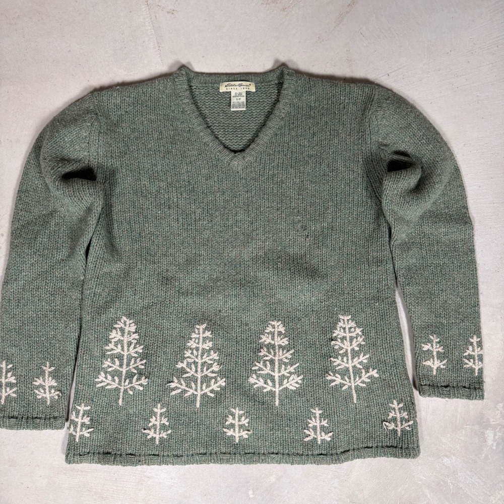 Eddie Bauer Vintage Wool Sweater Sage Pine Tree Embroidered V-Neck Womens S